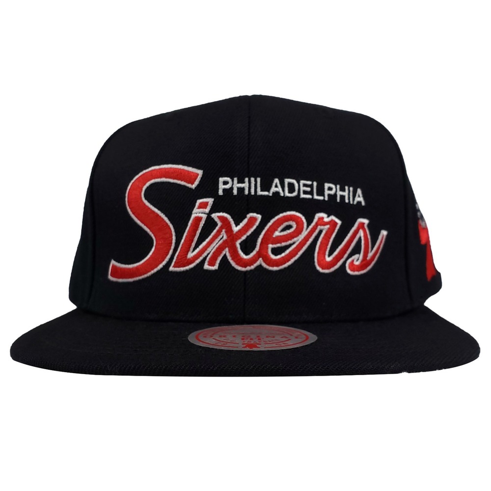 Philadelphia 76ers Mitchell & Ness NBA Snapback Hat Cap Script Logo Black NWT